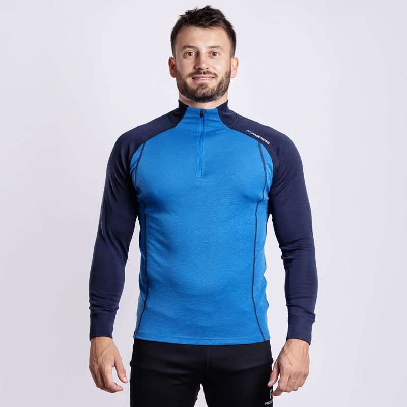BREAKOUT MAN pánský merino rolák s krátkým zipem PROGRESS L > černo - modrá