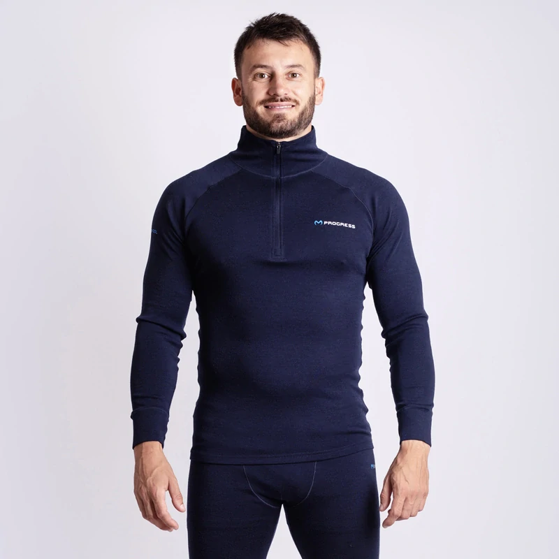 MT TRZ 250 pánský merino rolák s krátkým zipem PROGRESS M > černo-modrá